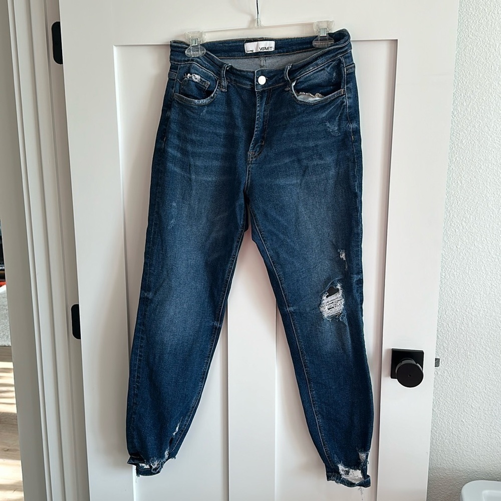 Vervet Women's 28 Distressed High Rise Boyfriend Jeans Dark Wash Ankle Denim